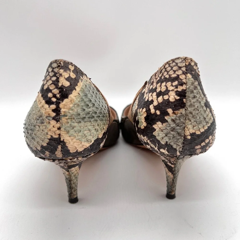 JEAN-MICHEL CAZABAT Pointy Toe Pumps 37 Brown Patchwork Snakeskin Suede Heel